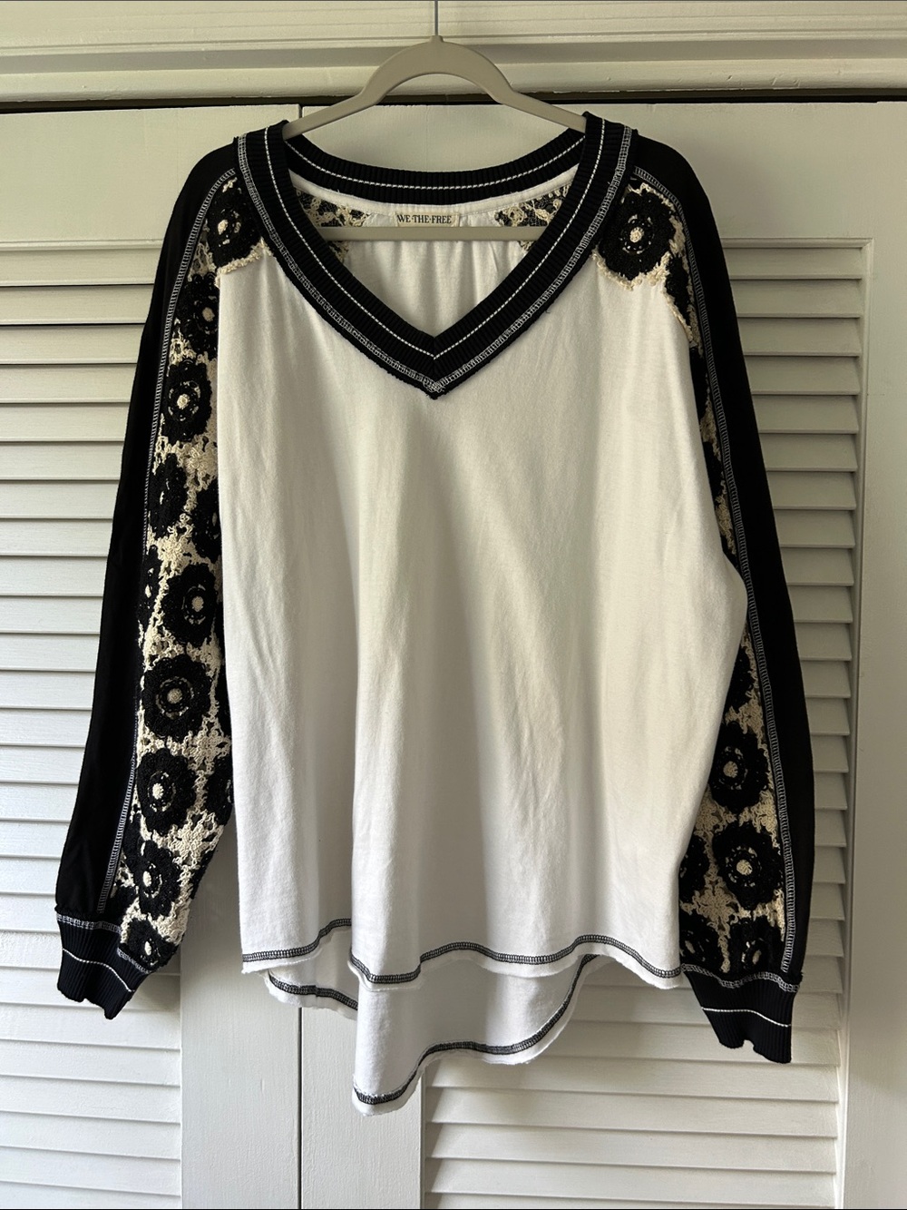 We The Free White V-Neck Sweater with Black Floral Sleeves